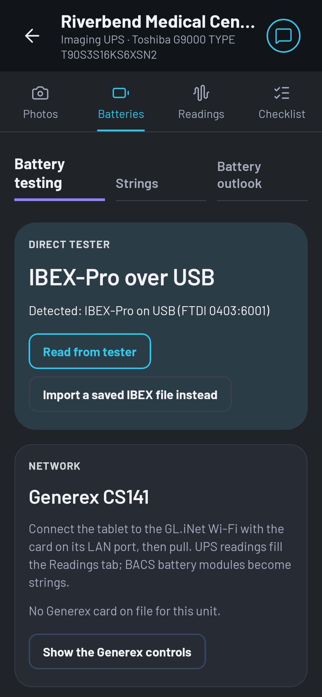 The Batteries tab in OHMEE with the IBEX-Pro connected over USB and a Read from tester button