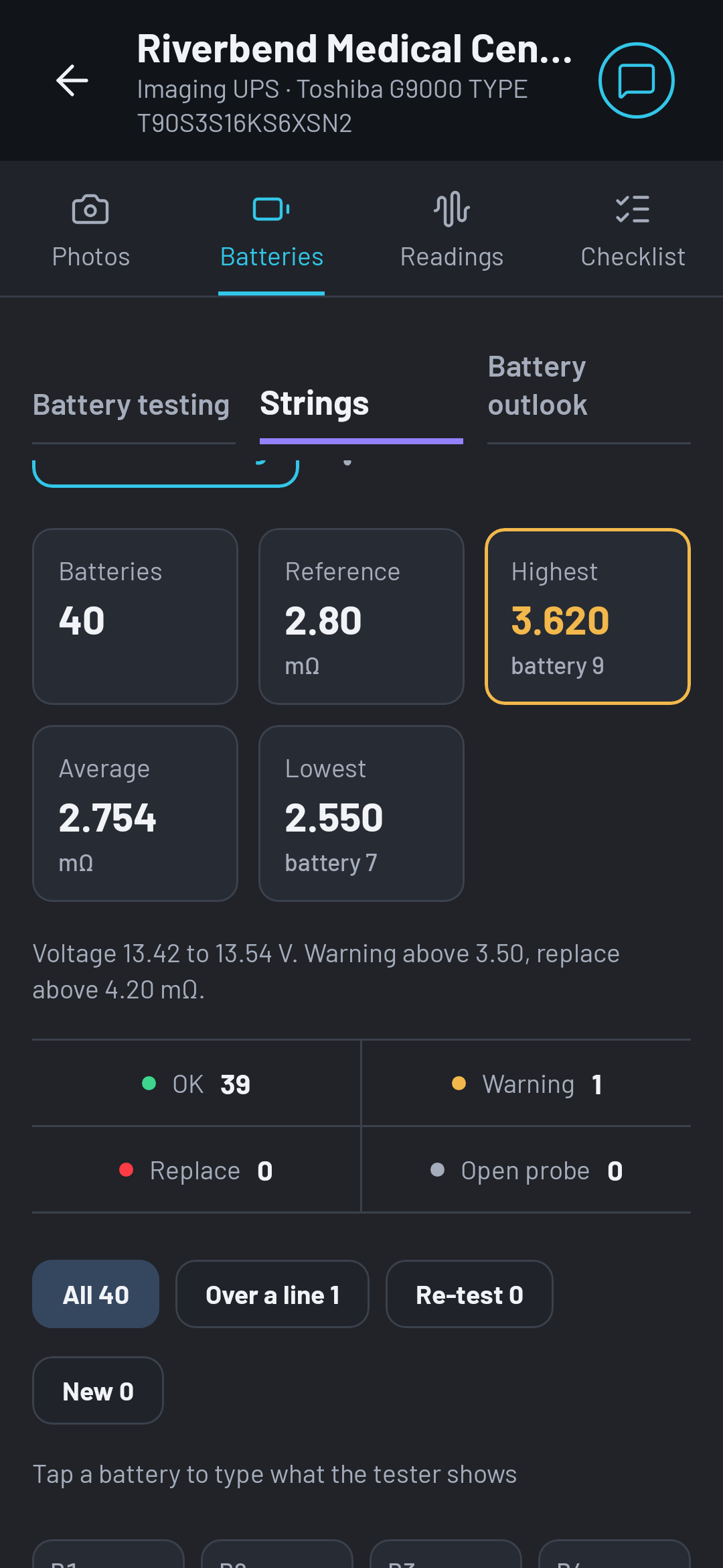 String cards in OHMEE showing every battery's impedance graded against warning and replace lines