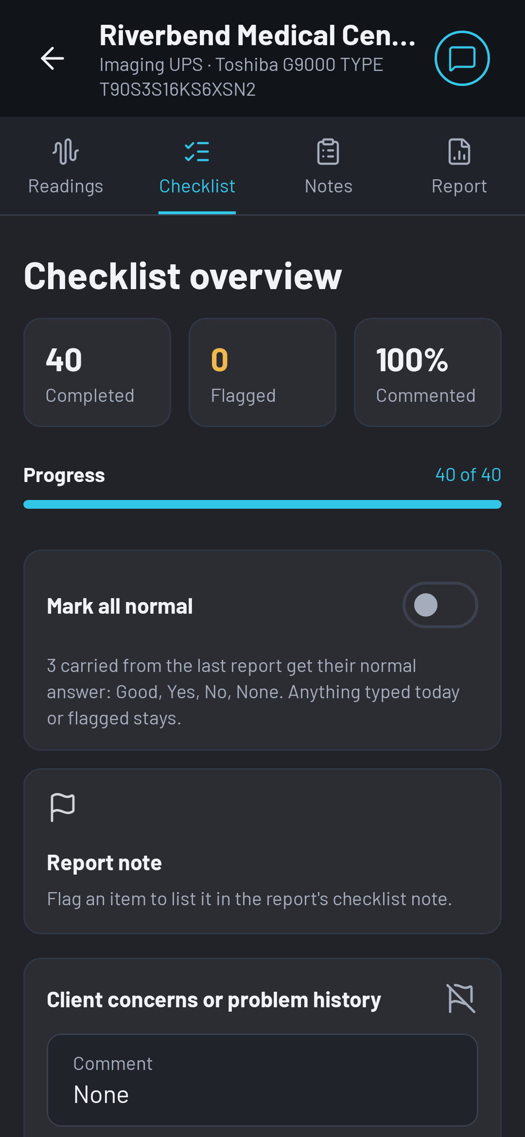 The Checklist tab in OHMEE with an overview of completed and flagged items and a switch to mark the blank items as normal