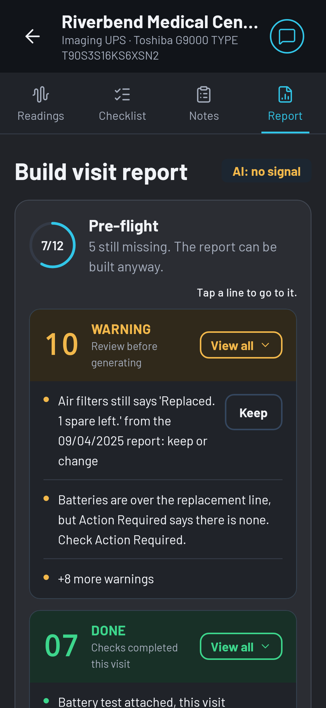 The Report tab in OHMEE with a pre-flight count of what is done and what is still missing before the report is built