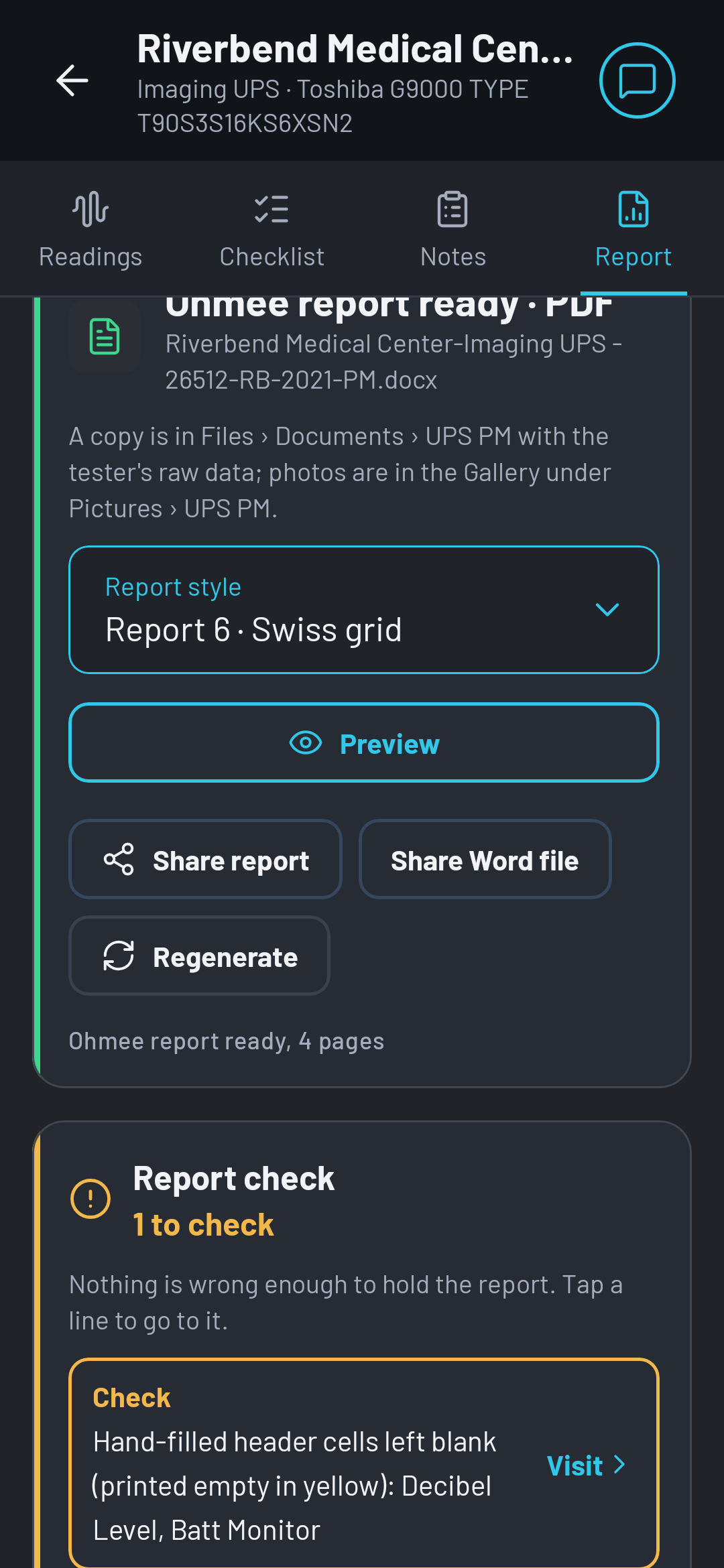 OHMEE's Report tab after Generate, with the built report ready to preview